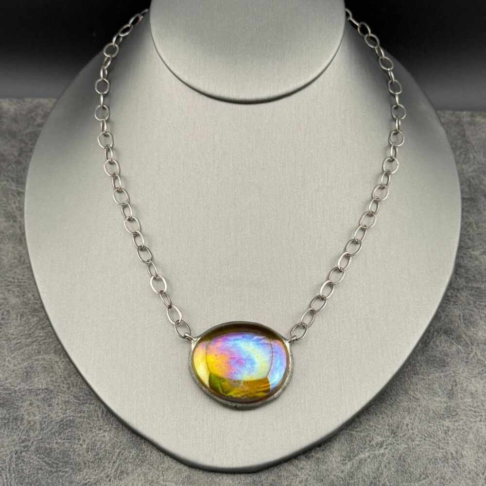 Vintage Sterling Silver 925 Iridescent Yellow Glass Necklace Artisan Chain 17.5"